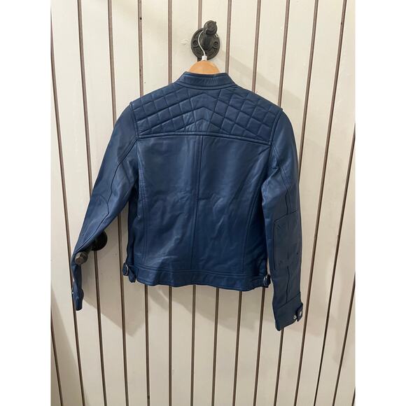 Decrum Genuine Leather Womens Blue Diamond Cafe Racer Jacket - XS - Picture 5 of 5